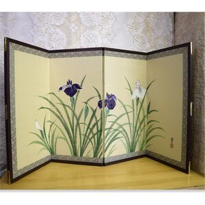 Vintage Japanese Koshi Byobu Hand Painted Silk Screen Iris Flowers 47" x 24" 峻景